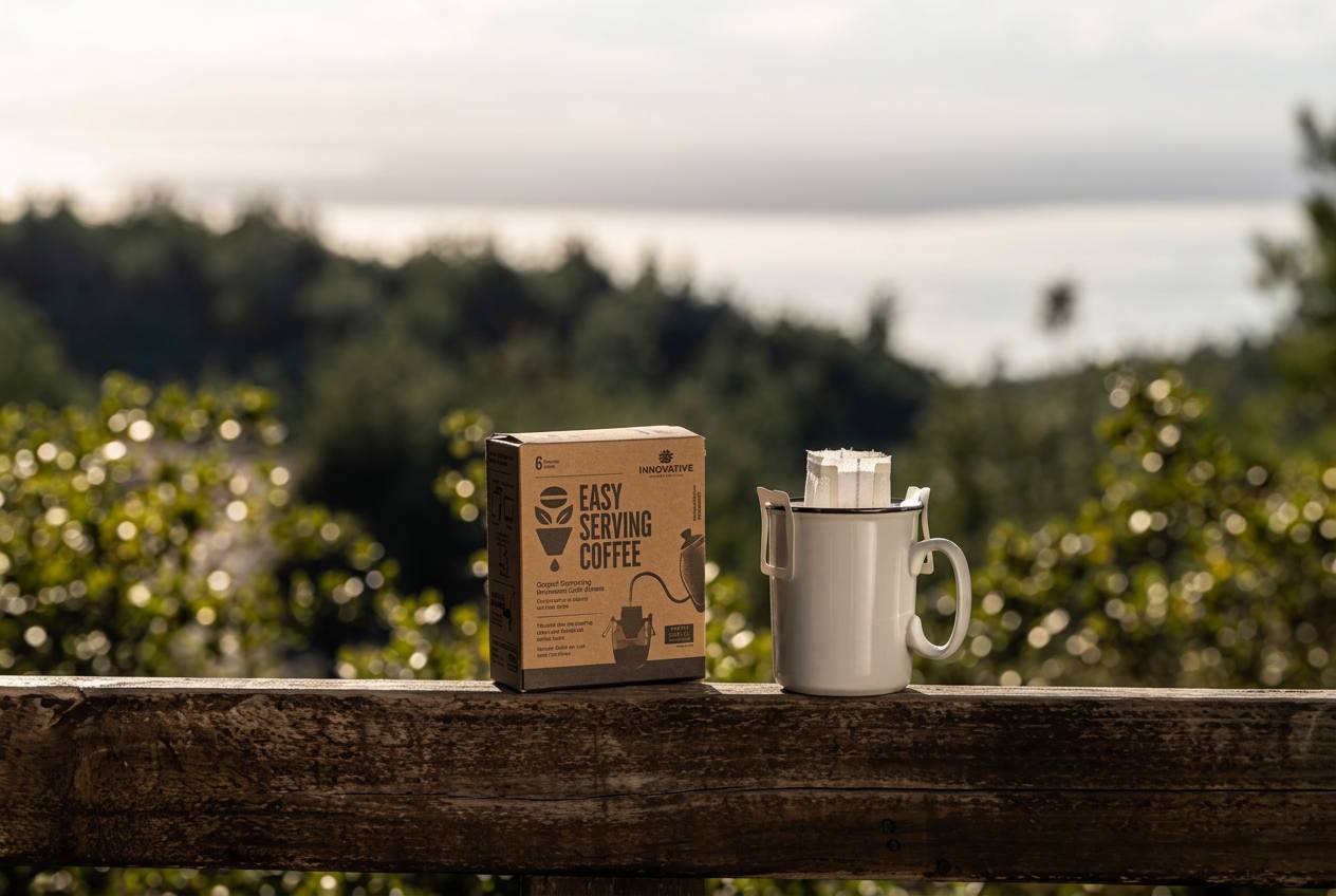 Hot water poured into an organic drip coffee bag hanging on a ceramic mug