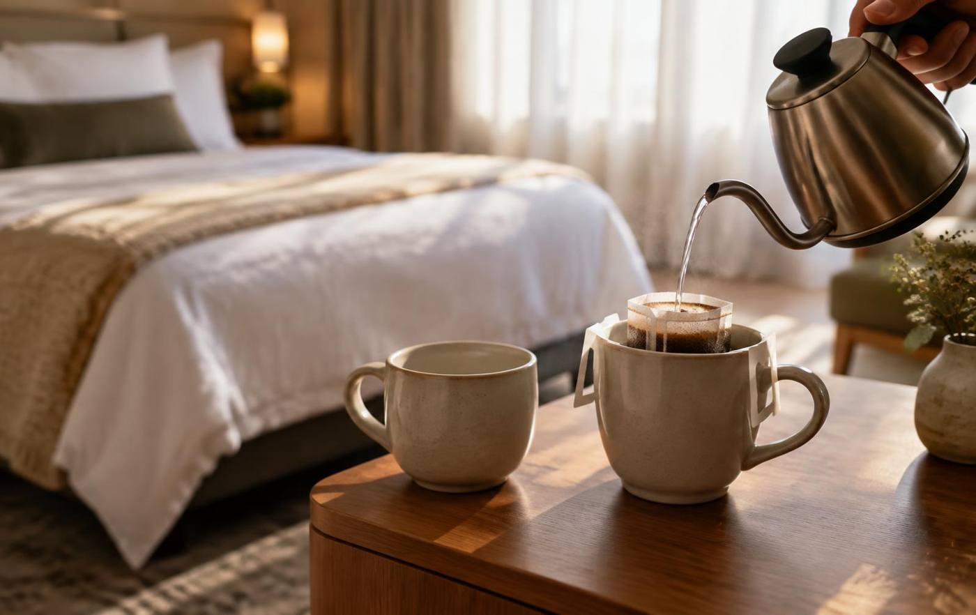 Drip coffee bags on a boutique hotel nightstand