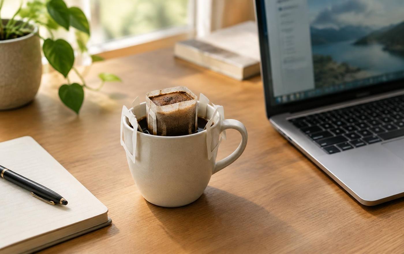Drip coffee on a wooden office desk beside a laptop